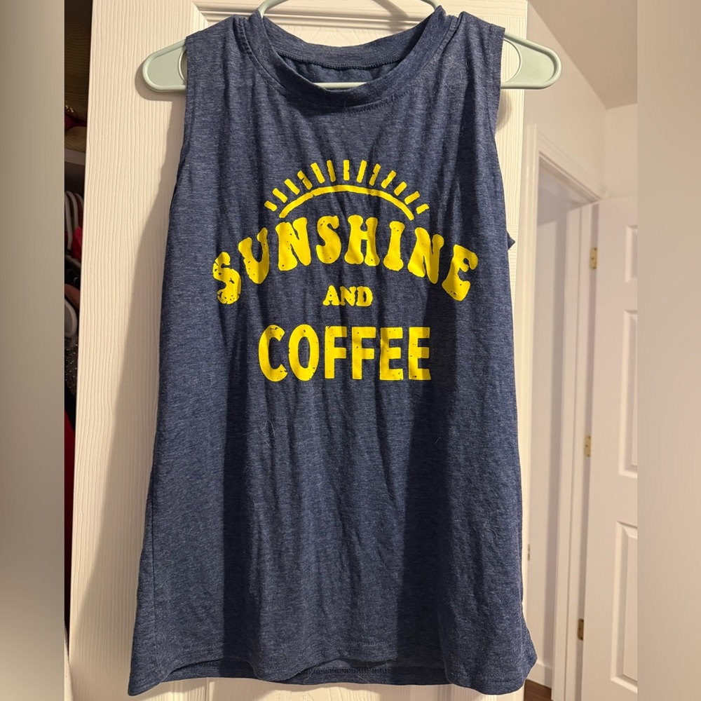 Blue Tank Top with Yellow Sunshine and Coffee Print